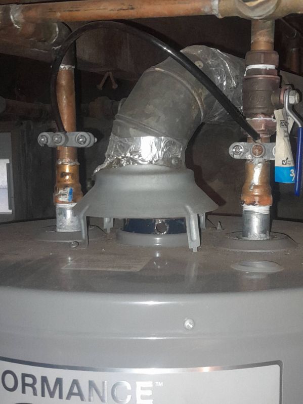 Top of a gas water heater with flue vent, copper supply lines and T&P relief valve